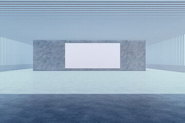 Poster - Modern spacious concrete interior with mock up banner on wall. Exhibition hall. 3D Rendering.