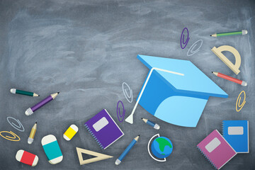 Poster - Creative colorful back to school sketch on chalkboard wall backdrop. Education and knowledge concept.