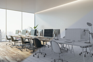 Poster - Clean half rendered coworking office interior project with computer monitors, window and city view and furniture. Designs concept. 3D Rendering.