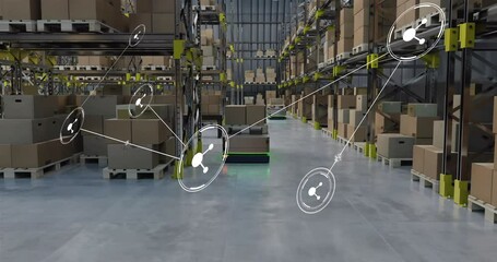Poster - animation of network of conncetions with icons over warehouse