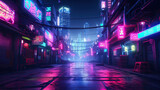 Fototapeta Londyn - Neon-lit cyberpunk alley with holographic billboards