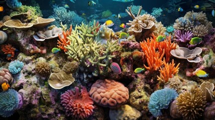  Colorful coral reef with diverse marine life. AI generated