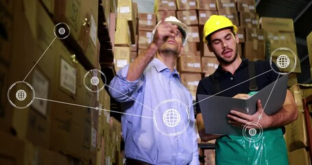 Poster - animation of network of conncetions with icons over caucasian male workers in warehouse