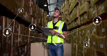 Poster - animation of network of conncetions with icons over caucasian male worker taking notes in warehouse