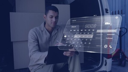 Poster - Animation of digital interface with calendar and data processing over biracial delivery man