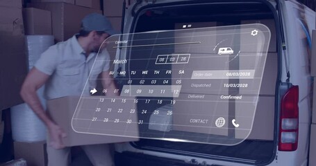Poster - Animation of digital interface with calendar and data processing over caucasian delivery man