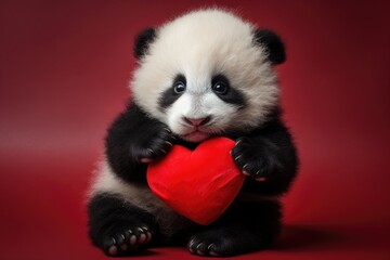 Poster - Cute panda bear with red heart on a red background. Adorable newborn panda holding red heart Valentine's day, HDR, AI Generated