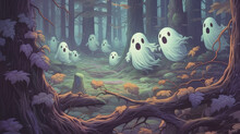 Happy Little Ghosts Playing In A Spooky Forest. Fantasy Concept , Illustration Painting.