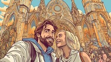 Happy Couple Taking A Selfie In Front Of A Landmark. Fantasy Concept , Illustration Painting.