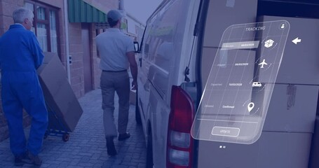 Poster - animation of digital interface with icons and data processing over caucasian delivery man and worker