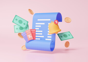 Wall Mural - Bill payments notification bell on pink background. marketing promotion sale profitable voucher discount coupons tag, money transfer financial transactions. refund, cashback. 3d render