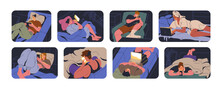 People Using Devices At Night. Characters With Mobile Phones, Computers At Bed Time At Home. Men, Women And Smartphone, Laptop, Digital Gadgets Screen Light Late In Evening. Flat Vector Illustrations