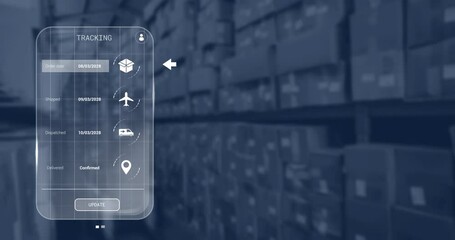 Poster - animation of digital interface with icons and data processing over boxes