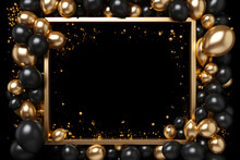 Golden Frame With Gold And Black Balloons With Sparkles On Black Background
