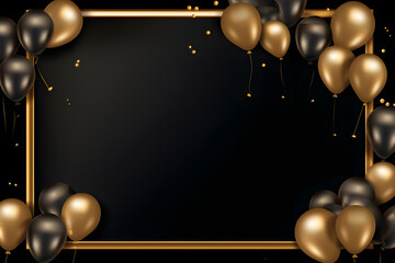 Golden frame with gold and black balloons with sparkles on black background