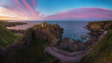 Aerial Panorama Of Dunnottar Castle Medieval Clifftop Ruins