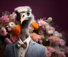 Creative Animal Concept. Ostrich Bird In Smart Suit, Surrounded In A Surreal Garden Full Of Blossom Flowers Floral Landscape. Advertisement Commercial Editorial Banner Card