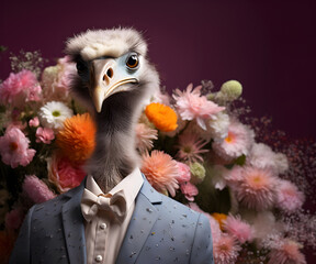 Creative animal concept. Ostrich bird in smart suit, surrounded in a surreal garden full of blossom flowers floral landscape. advertisement commercial editorial banner card