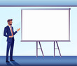 A business man speaker presenting or teaching in front of a projector screen at a presentation, seminar lecture or training conference talk.