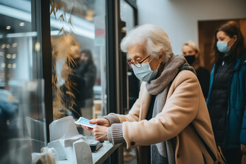 Poster - A grateful elderly woman observes a box of essential medications placed on her doorstep, showcasing the convenience of contactless delivery