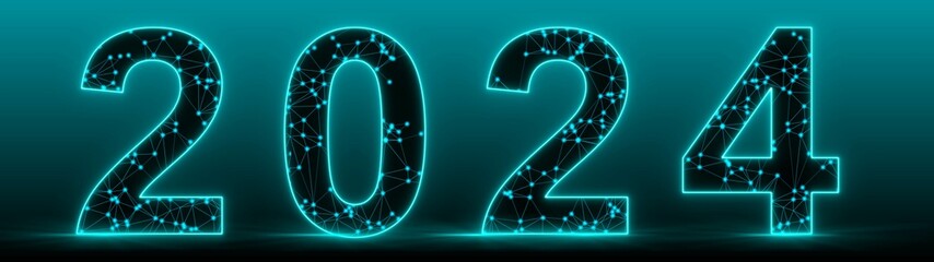 Fototapete - 2024 banner - Abstract image of the new year - made of wireframe mesh polygon on gradient background - 3D Illustration
