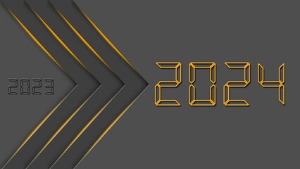 Fototapete - Year change 2024 on abstract background - graphic arrows with orange colored shadow lines and orange digits - 3D illustration