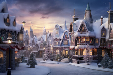 Wall Mural - A serene Christmas village blanketed in fresh snow, with glowing windows piercing the dusk, paints a timeless holiday scene