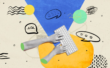 Canvas Print - Speech bubbles and a computer keyboard - Photo collage