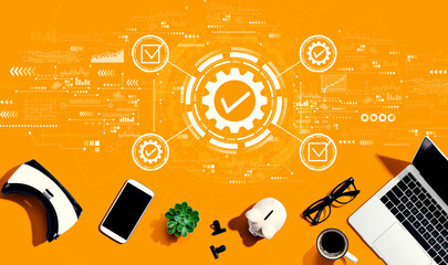 Aufkleber - Quality control approval with electronic gadgets and office supplies - flat lay