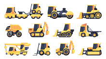 Construction Machinery. Road Building Heavy Equipment, Digger Excavator Crane Heavy Truck Dump, Industrial Engineering Equipment. Vector Set. Bulldozer, Forklift And Loader Machines