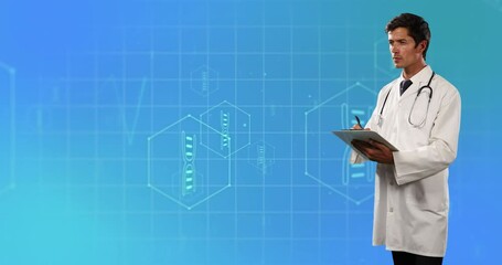 Poster - Animation of medical icons and caucasian male doctor writing on clipboard on blue background