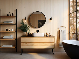 Rustic clean mountain ensuite bathroom decorated for Christmas with wall mounted wooden vanity, black sink and lollipop mirrors.