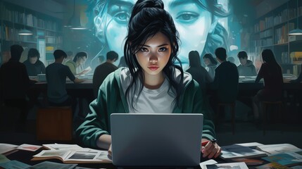 Wall Mural - The girl works at the computer, sitting at the table with books