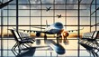 Flughafengebäude von Innen mit Glasfassade und blick auf die Flugzeuge - Illustration mit KI erzeugt