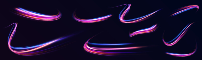 Fototapete - Neon swirls in a big set. Vector glitter light fire flare trace. Futuristic neon light effect. Speed of light concept background.	