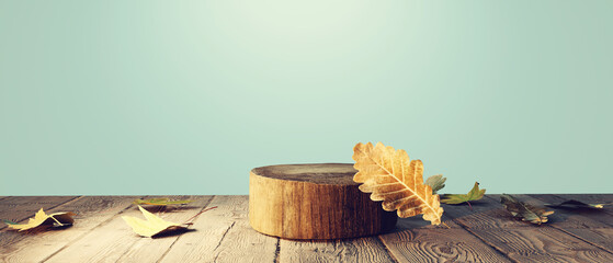 Poster - Autumn leaves with a round wooden podium - 3D render