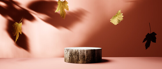 Poster - Autumn leaves with a round podium - 3D render