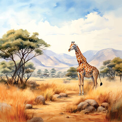 beautiful landscape africa watercolor, great design for any purposes.