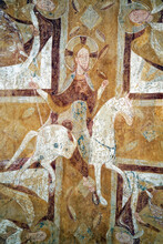Christ On A White Horse. French Romanesque Mural Fresco Painting On A Vault Of The Crypt, Auxerre Cathedral, France. Circa 1150