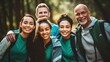 © Meow Creations - Portrait of a group of friends hiking in the forest. They are smiling and looking at camera.