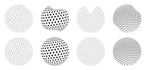 Poster - Dot spheres. Geometric round planet earth ball, nanometric globe and knot atom model. Vector flat perspective shapes isolated set of sphere round geometric illustration