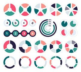 Poster - Pie chart set. Circle slices for percent, round pies for 2, 3, 4 and 6 sections, pie charts for statistics and information presentation. Vector collection of circle round pie and diagram illustration