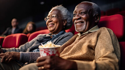 Positive senior couple of africans watching movie in cinema.