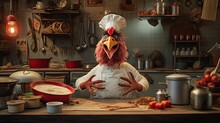 A Chicken, Adorned With A Tiny Chef Hat, Looking Utterly Confused Amidst A Setup Of A Mock Cooking Show, As It Tries To Figure Out How To 'whisk' With Its Wings, While A Tomato-faced Pig Watches