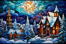 Colorful Stained Glass Art Of A Winter Night Scene, Celebrating Christmas In Church
