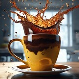 Fototapeta Pokój dzieciecy - A cup of coffee with splashes on the bar. Generative AI