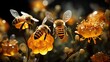 A swarm of bees, each encased in a tiny space bubble, buzz harmoniously as they pollinate floating space flowers, turning them into glowing star blossoms