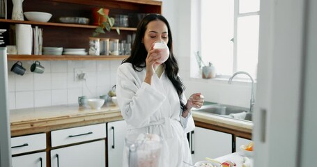 Sticker - Drink, smoothie and breakfast of woman in kitchen, vitamin c and detox in home. Fruit glass, juice and person with healthy food, nutrition or organic vegan diet in weight loss wellness in the morning