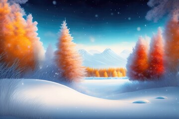 Poster - Beautiful drawing of a winter landscape with bright orange autumn trees in the snow. AI generated.