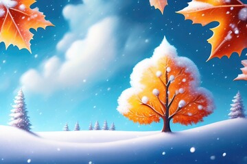 Aufkleber - Beautiful drawing of a winter landscape with bright orange autumn trees in the snow. AI generated.